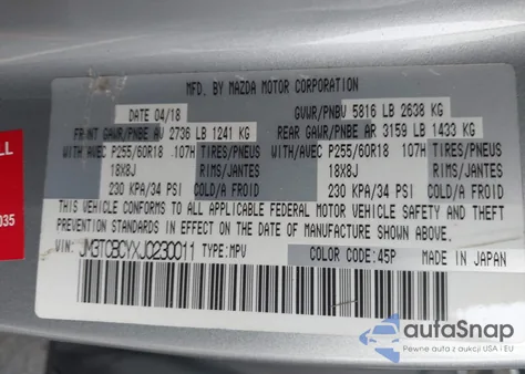 2018 Mazda Cx-9 Touring из США, поврежденный, VIN JM3TCBCYXJ0230011